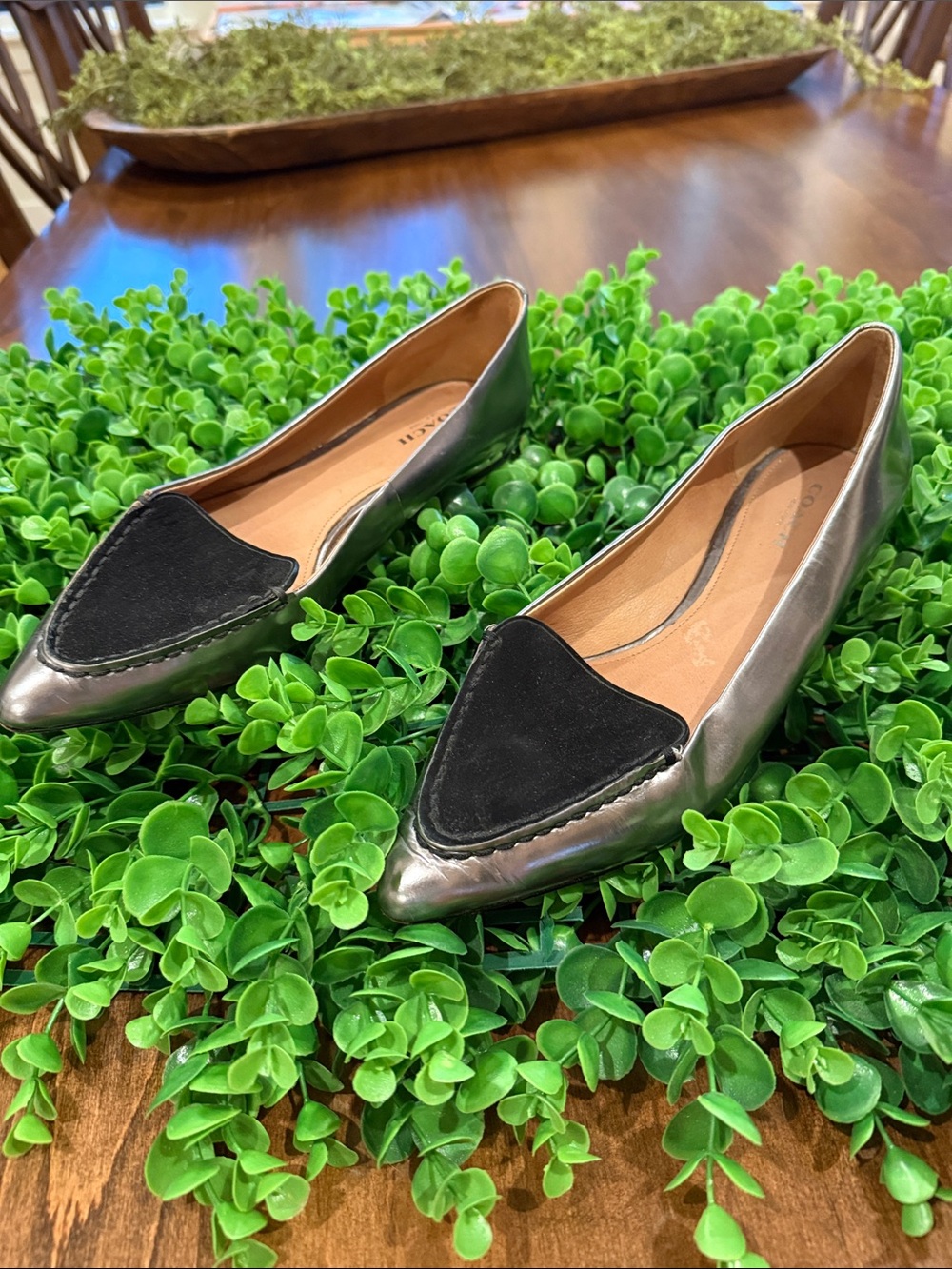 ***Coach***Metallic Silver Pointed Flats with Black Suede Accent